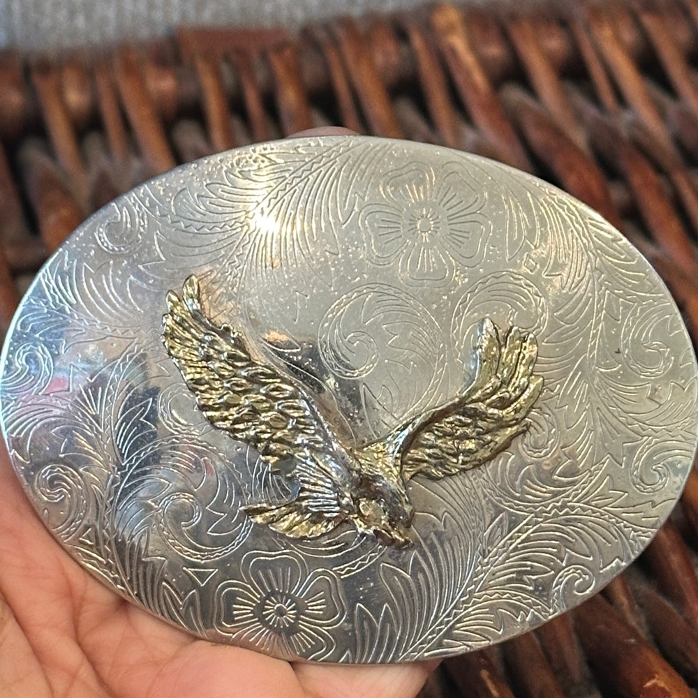 Silver Nickel Gold Eagle Oval Belt Buckle